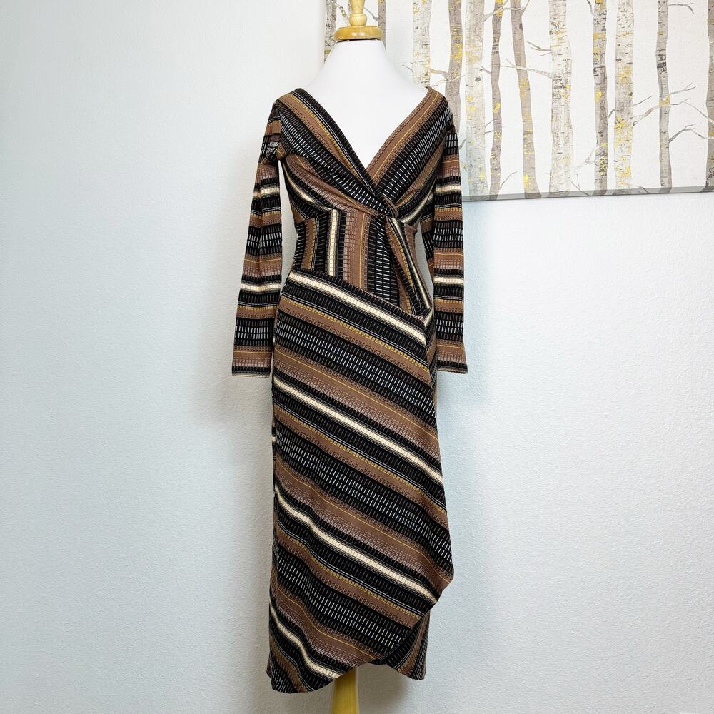 Anthropologie Maeve Striped Wrap Midi Dress Brown Black XS - Picture 4 of 8